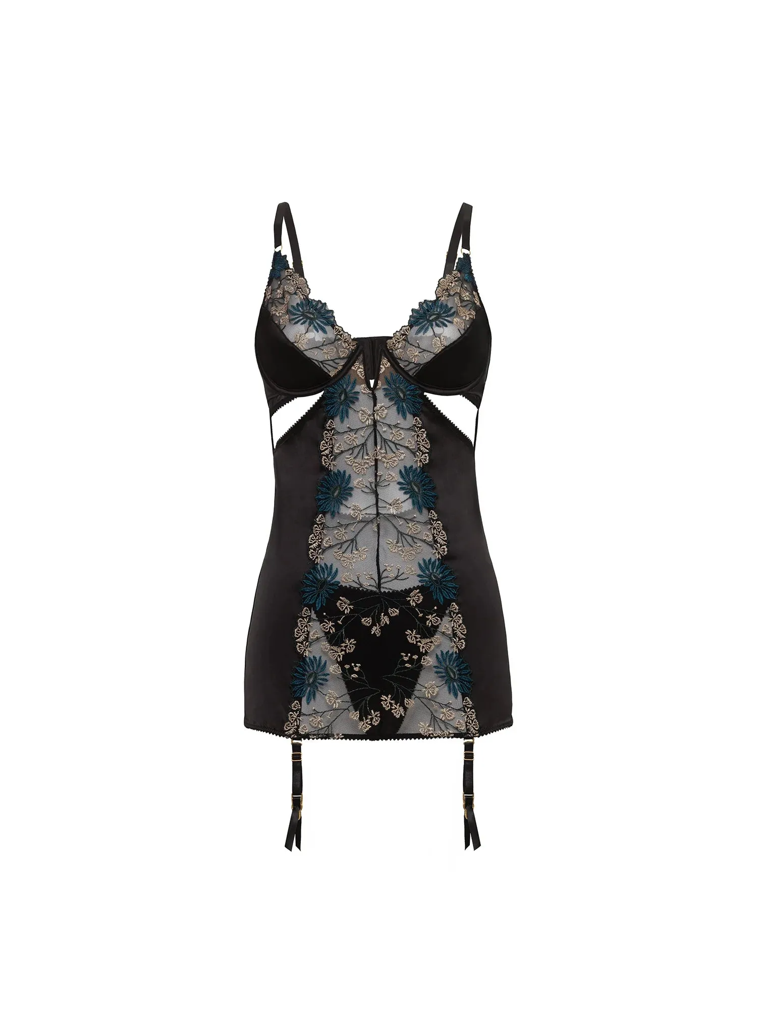 Alani Satin & Embroidered Lace Cut Out Chemise w. Garters