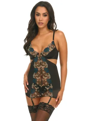 Alani Satin & Embroidered Lace Cut Out Chemise w. Garters