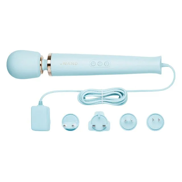 Aparat de masaj cu fir LE WAND Plug-In Vibrating Massager. pentru corp și zone intime. 10 funcții de vibrație. albastru