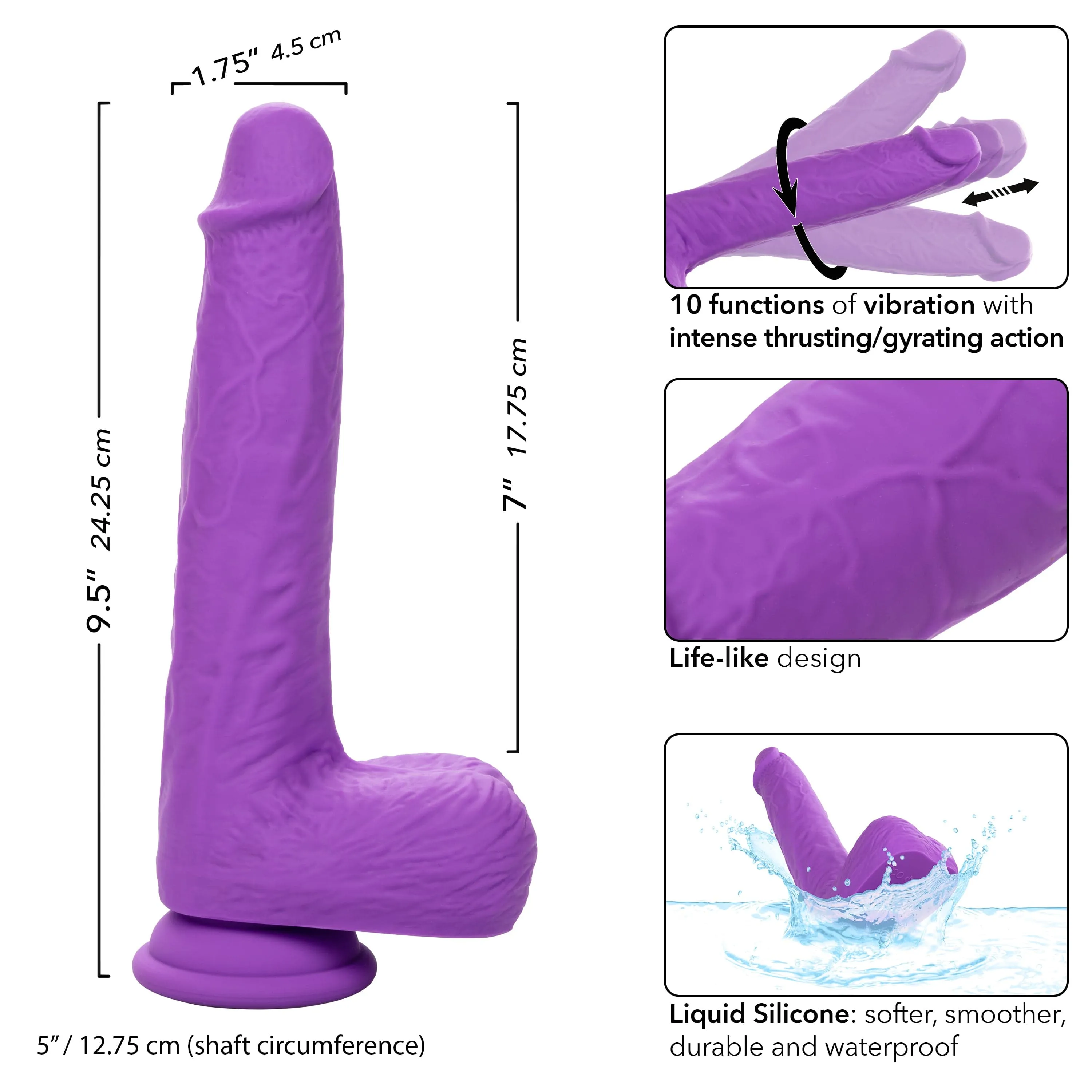 California Exotics - Rechargeable Gyrating and Thrusting Silicone Studs Realistic Dildo with Balls 9.5 (Purple)