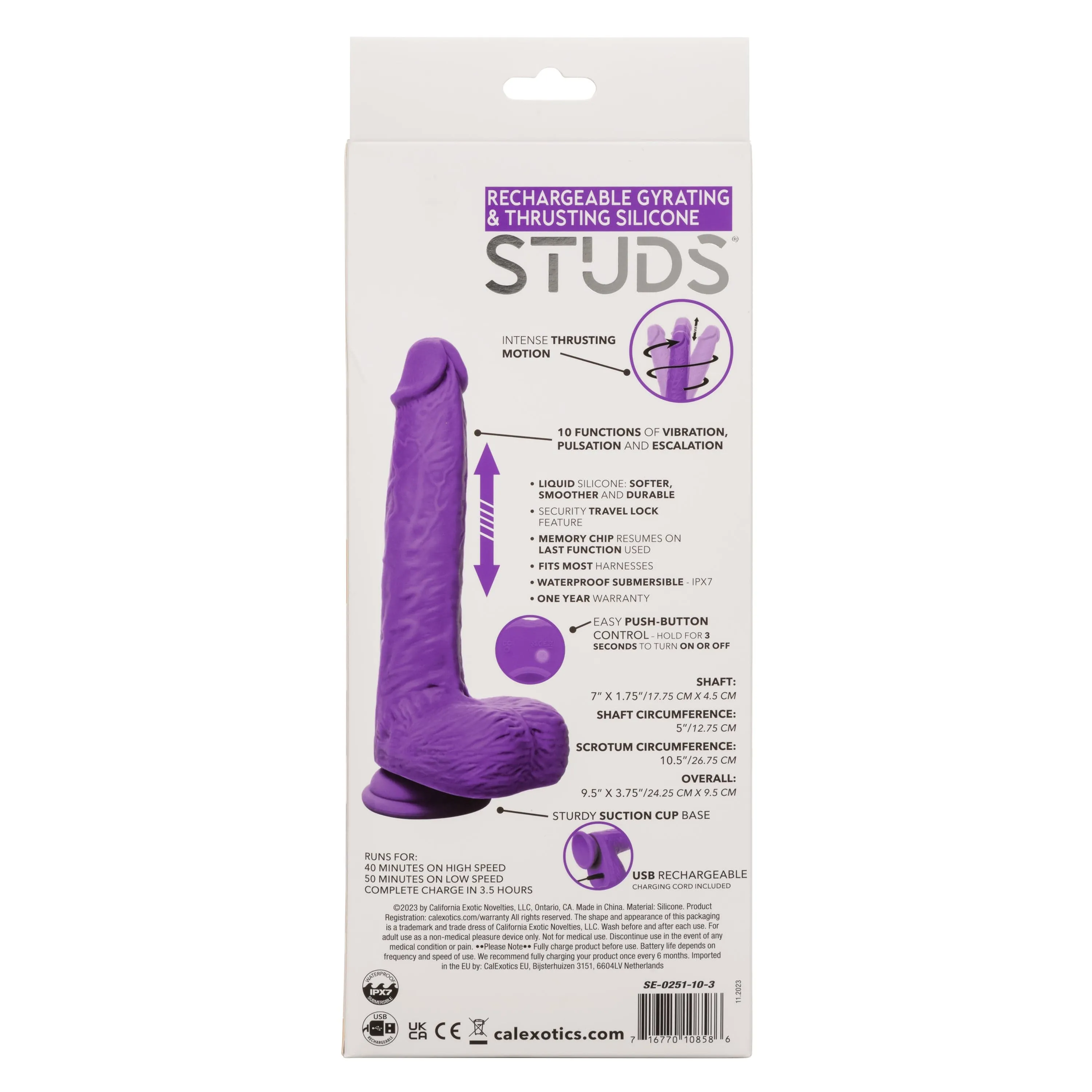 California Exotics - Rechargeable Gyrating and Thrusting Silicone Studs Realistic Dildo with Balls 9.5 (Purple)