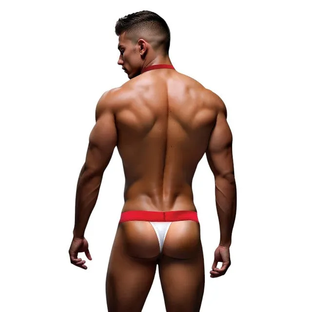 Costum sexy asistent ENVY MENSWEAR Nurse Kit. cravată și chilot tanga cu design medical. mărime M/L. culoare alb și roșu