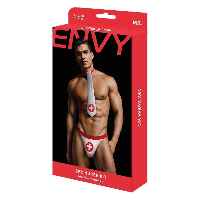 Costum sexy asistent ENVY MENSWEAR Nurse Kit. cravată și chilot tanga cu design medical. mărime M/L. culoare alb și roșu