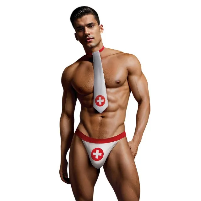 Costum sexy asistent ENVY MENSWEAR Nurse Kit. cravată și chilot tanga cu design medical. mărime M/L. culoare alb și roșu