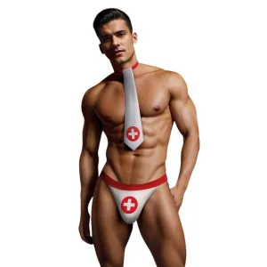 Costum sexy asistent ENVY MENSWEAR Nurse Kit. cravată și chilot tanga cu design medical. mărime M/L. culoare alb și roșu