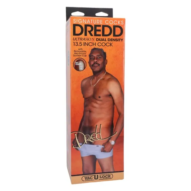 Dildo realist DOC JOHNSON Ultraskyn Signature Cocks - Dredd. bază cu ventuză pentru fixare. 34 cm. culoarea maro