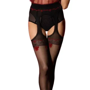 Dresuri sexy FIORE HOSIERY Amour Rouge Suspender Pantyhose. cu bretele și margini dantelate. grosime 20 den. negru cu roșu. mărime 4 (O5028)