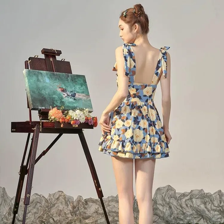 Floral Print Tieup Sleeves Swim Wear Dress By Sinderella