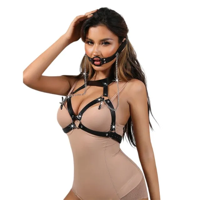 Ham feminin SUBBLIME Bondage Leather Strap. pentru jocuri BDSM. cu căluș și cleme pentru sâni. negru. mărime universală (953720)