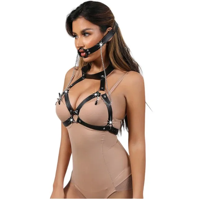 Ham feminin SUBBLIME Bondage Leather Strap. pentru jocuri BDSM. cu căluș și cleme pentru sâni. negru. mărime universală (953720)
