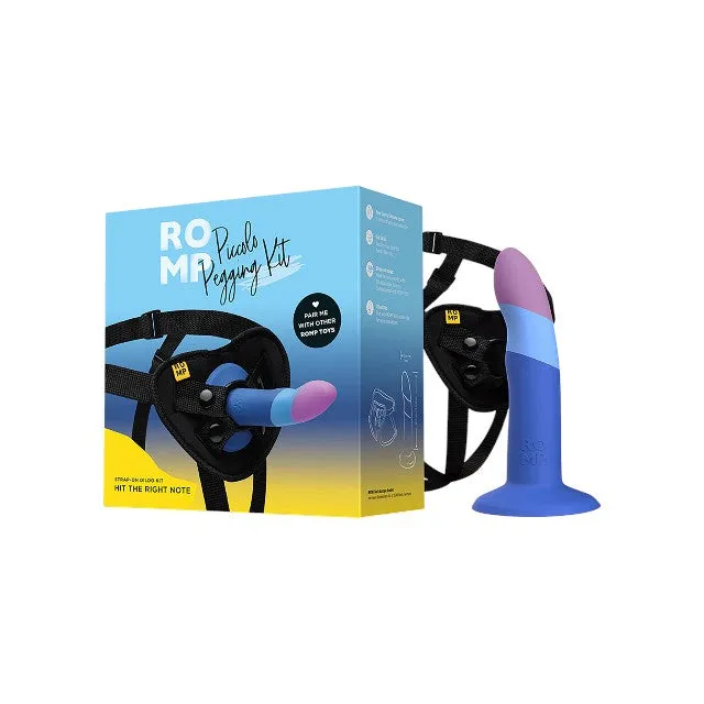 Ham Strap-On ROMP PICCOLO Pegging Kit. mărime ajustabilă. cu dildo din silicon. lungime inserabilă 12.5 cm. culori albastru cu mov