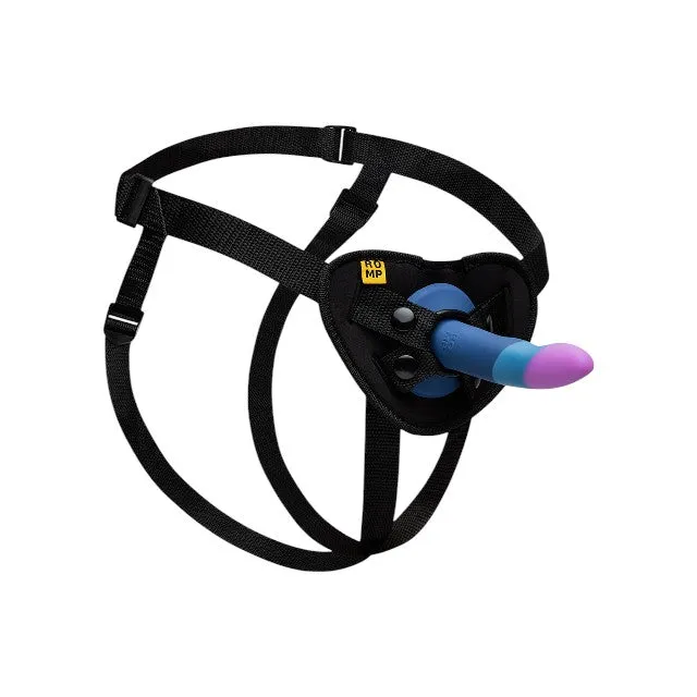 Ham Strap-On ROMP PICCOLO Pegging Kit. mărime ajustabilă. cu dildo din silicon. lungime inserabilă 12.5 cm. culori albastru cu mov