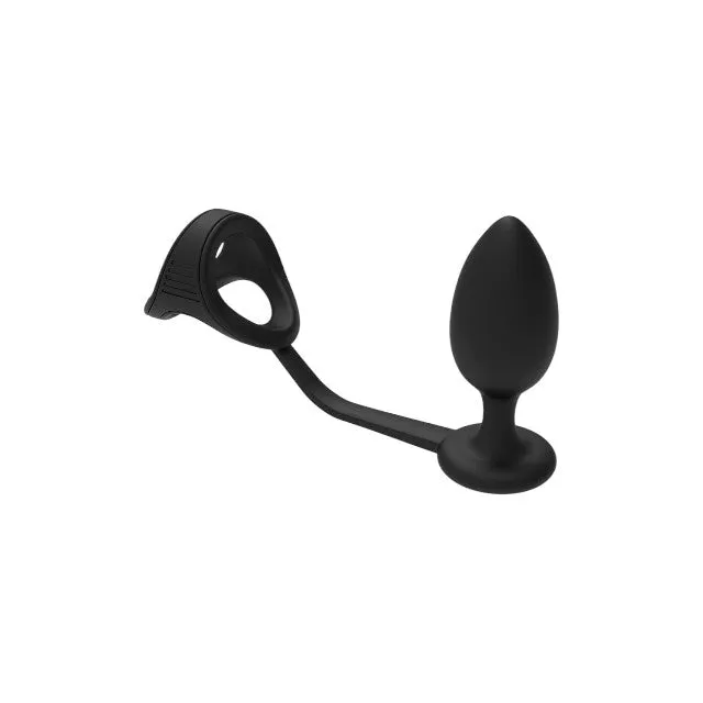 Inel dublu pentru penis cu plug anal DREAMTOYS RAMROD 2-In-1 Dual Pleasure. lungime 10 cm. din silicon. negru