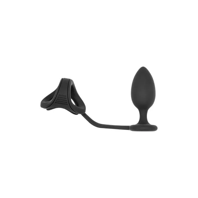 Inel dublu pentru penis cu plug anal DREAMTOYS RAMROD 2-In-1 Dual Pleasure. lungime 10 cm. din silicon. negru