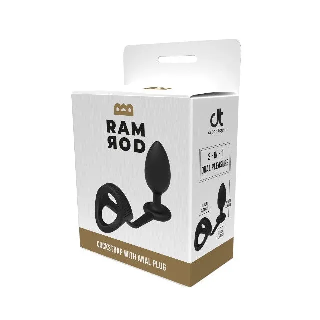 Inel dublu pentru penis cu plug anal DREAMTOYS RAMROD 2-In-1 Dual Pleasure. lungime 10 cm. din silicon. negru