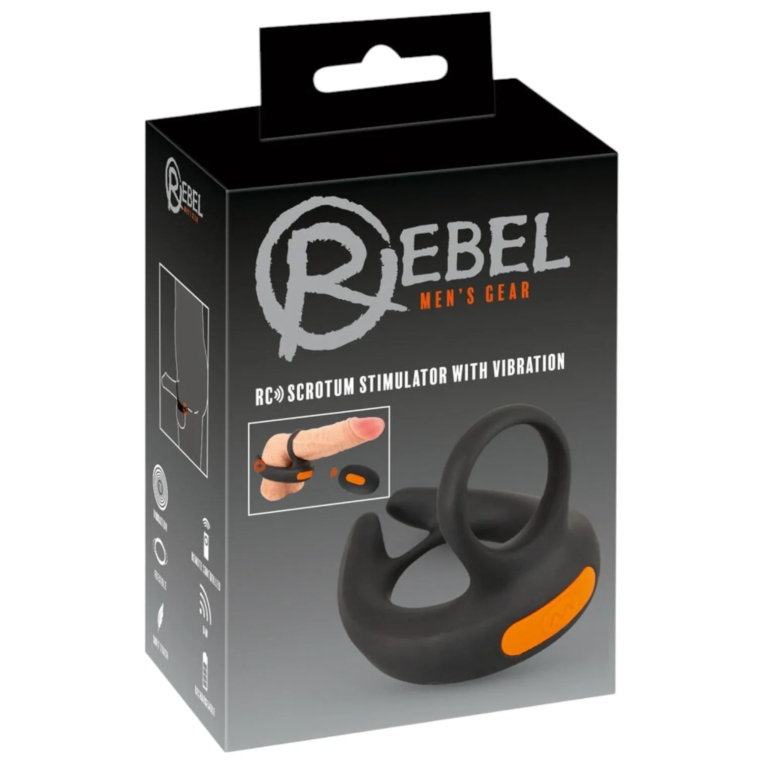 Inel dublu pentru penis REBEL Scrotum Stimulator. control prin telecomandă. 10 funcții de vibrație. negru cu portocaliu