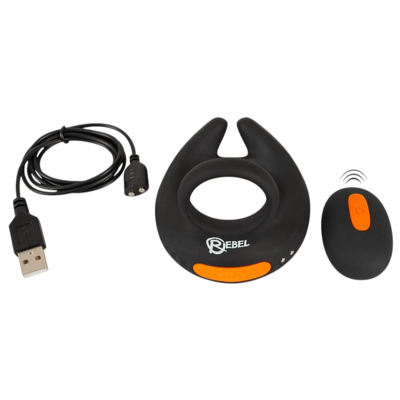 Inel dublu pentru penis REBEL Scrotum Stimulator. control prin telecomandă. 10 funcții de vibrație. negru cu portocaliu