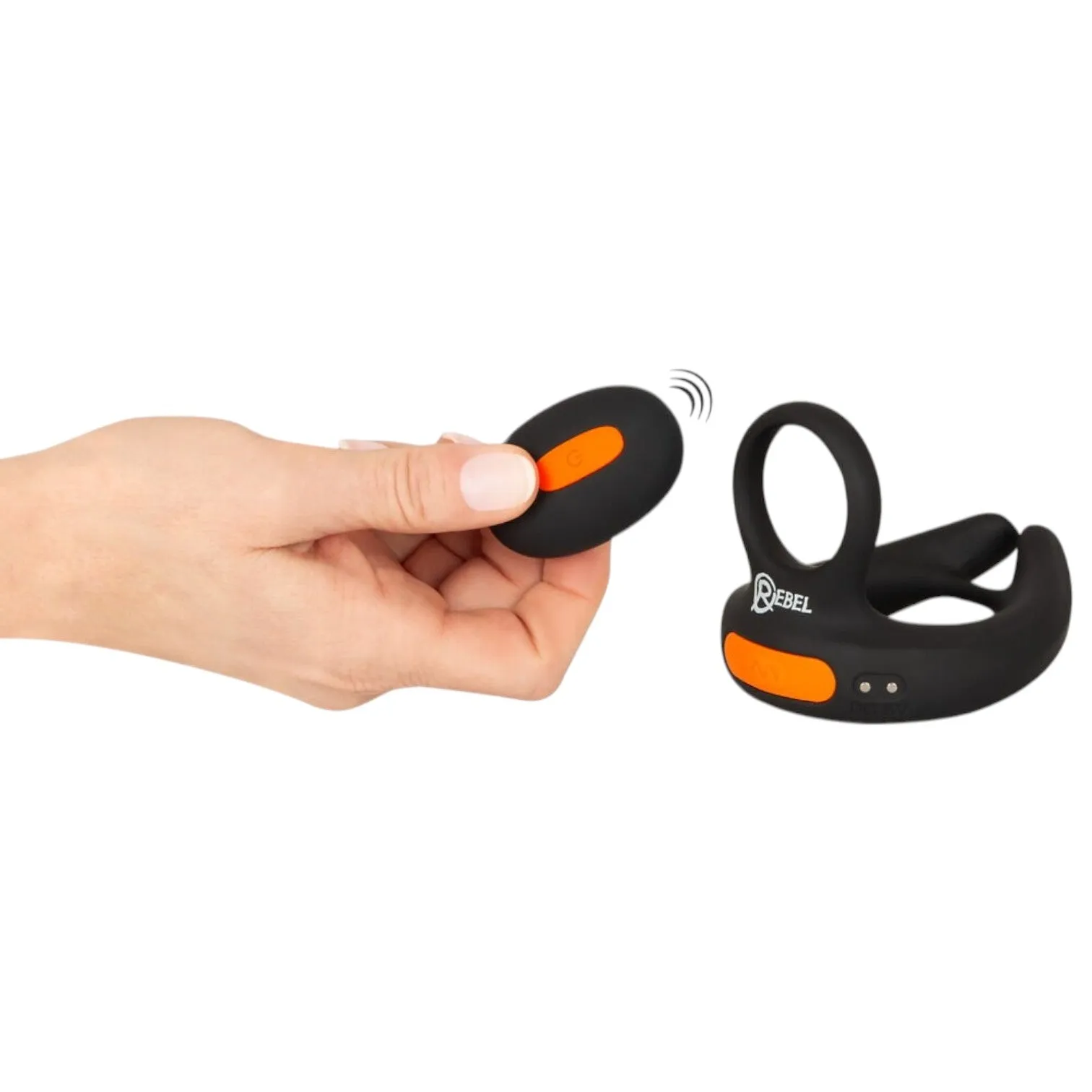 Inel dublu pentru penis REBEL Scrotum Stimulator. control prin telecomandă. 10 funcții de vibrație. negru cu portocaliu