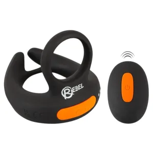 Inel dublu pentru penis REBEL Scrotum Stimulator. control prin telecomandă. 10 funcții de vibrație. negru cu portocaliu