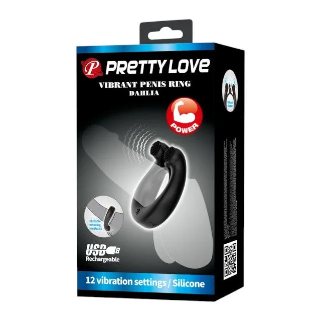 Inel vibrator pentru penis PRETTY LOVE DAHLIA. din silicon moale. cu 12 funcții de vibrație. culoare negru