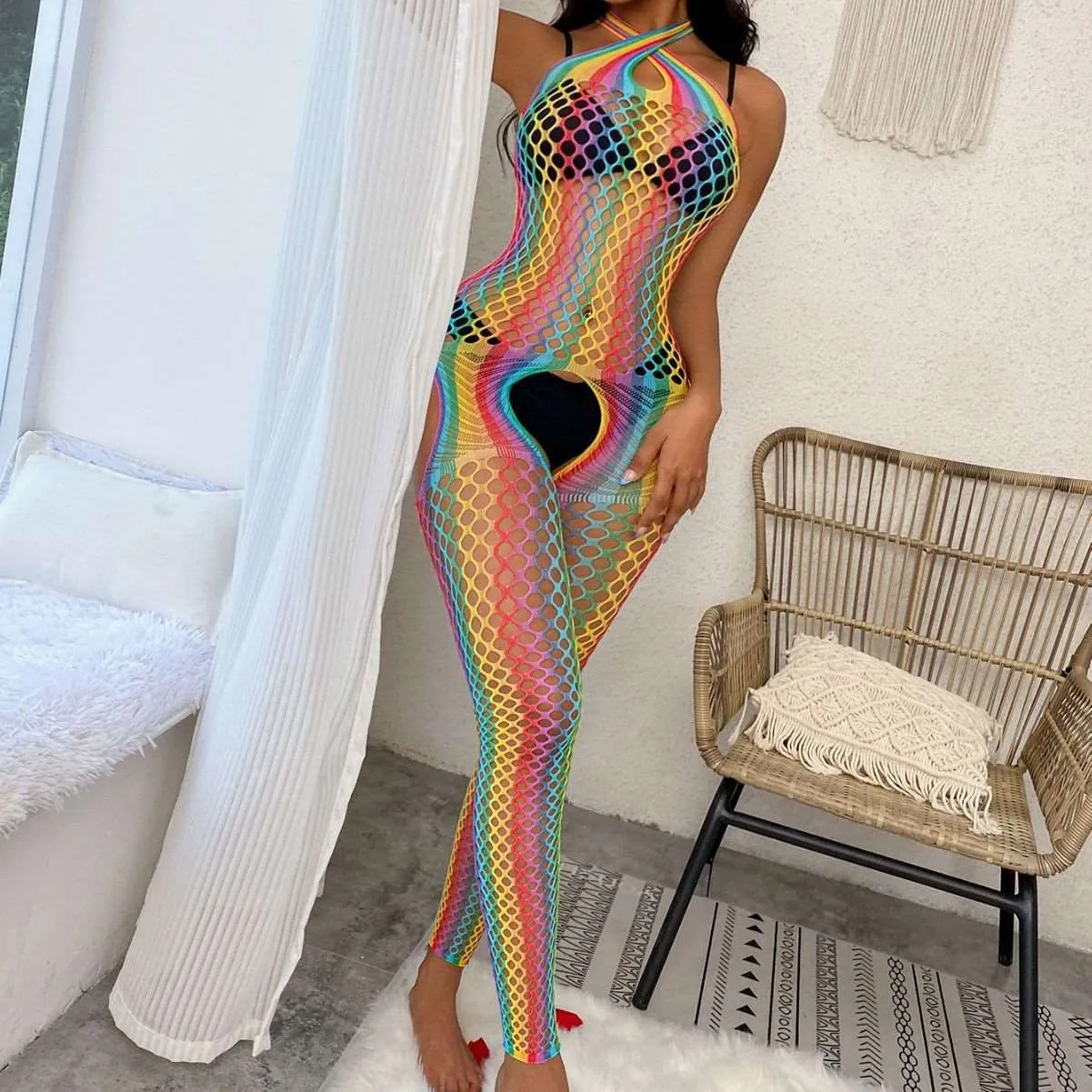 Irresistible Allure: Cross-Border European and American Rainbow Bodystocking - One Size Fits All
