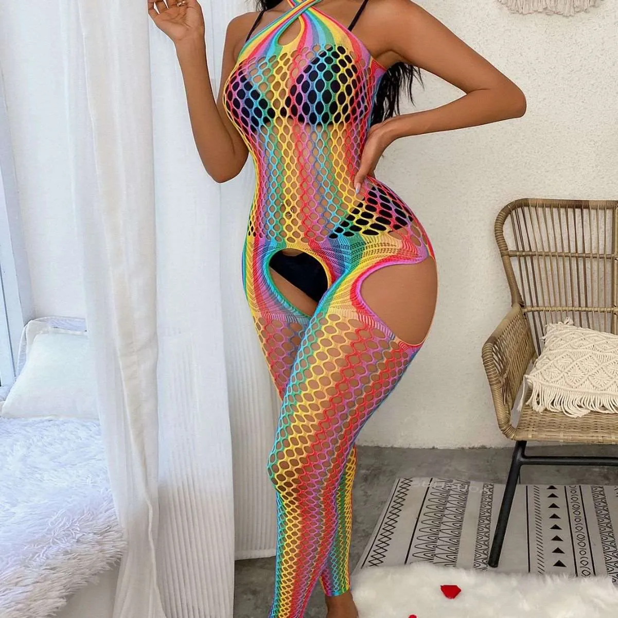 Irresistible Allure: Cross-Border European and American Rainbow Bodystocking - One Size Fits All