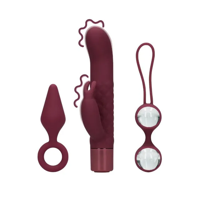 Kit jucării LOVELINE (S)Explore Toy Kit For Her. cutie cadou cu vibrator rabbit mini. plug anal și bile kegel. culoare roșu