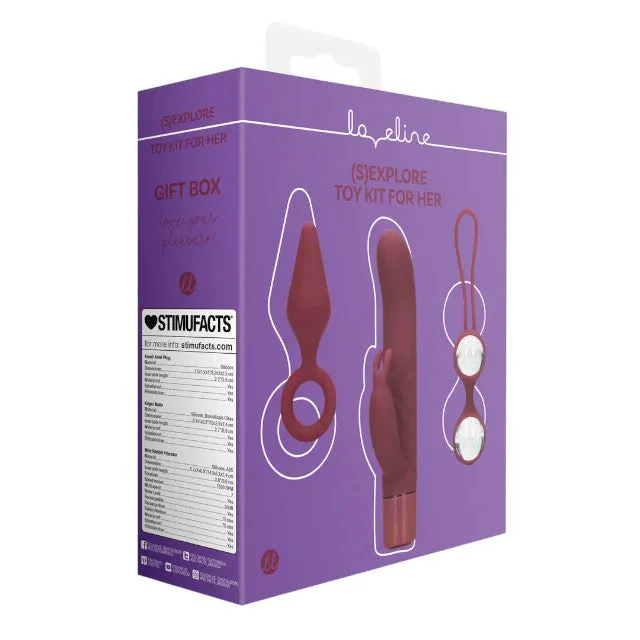 Kit jucării LOVELINE (S)Explore Toy Kit For Her. cutie cadou cu vibrator rabbit mini. plug anal și bile kegel. culoare roșu