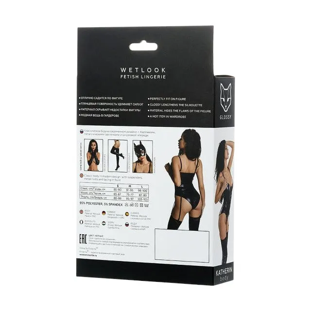 Lenjerie sexy teddy GLOSSY Wetlook KATHERIN Bodysuit cu corset frontal și jartiere. din material lucios. negru. mărime S (955019-S)