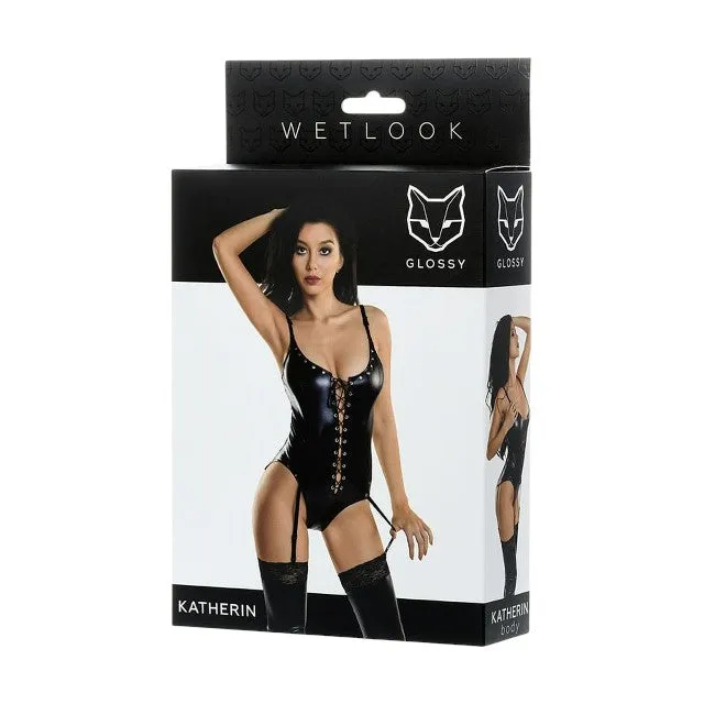 Lenjerie sexy teddy GLOSSY Wetlook KATHERIN Bodysuit cu corset frontal și jartiere. din material lucios. negru. mărime S (955019-S)