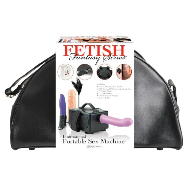 Mașină de sex FETISH FANTASY SERIES Portable Sex Machine. set compact cu 2 dildo-uri. 1 vibrator. puf de gâdilat și geantă