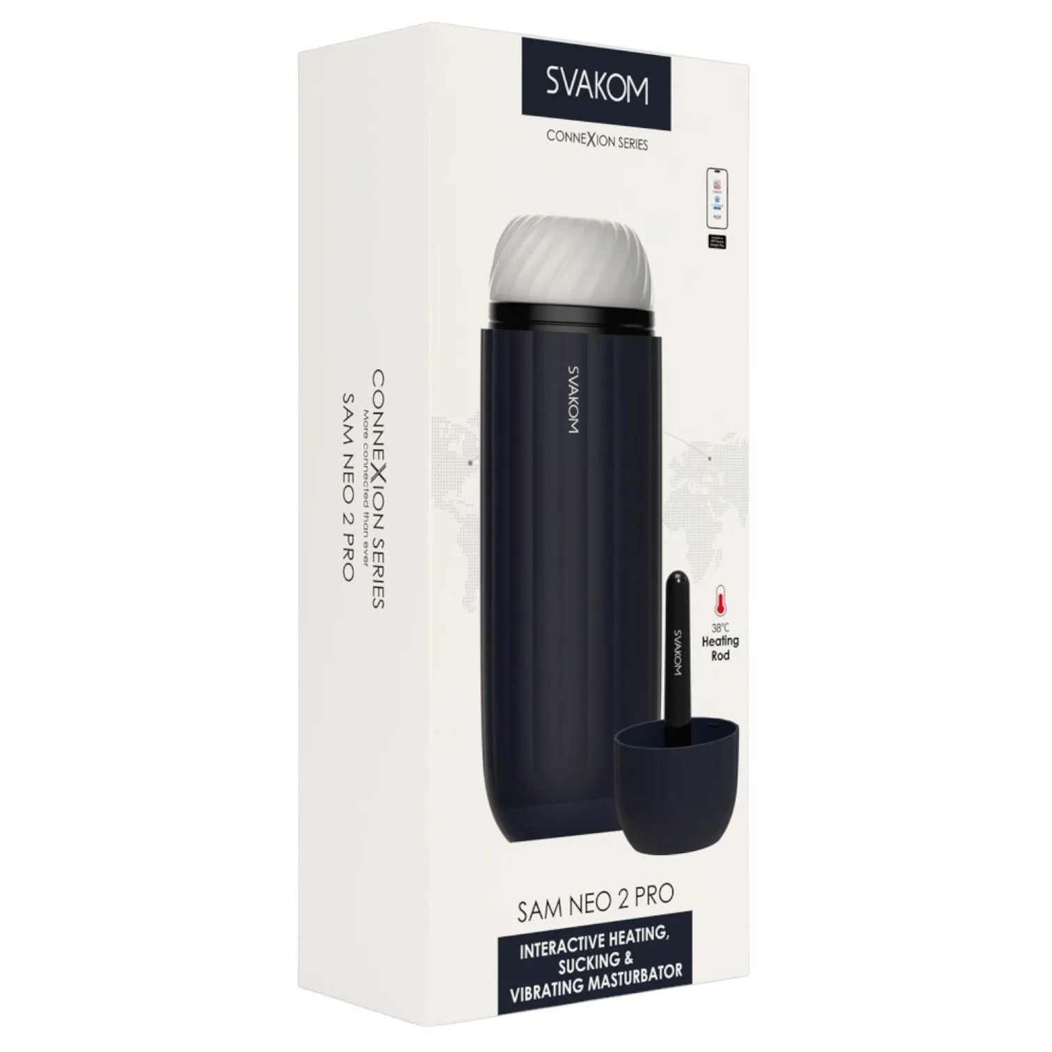Masturbator interactiv SVAKOM Sam Neo 2 Pro. control prin aplicație. cu funcție de încălzire. 5 funcții de aspirare și vibrație. negru