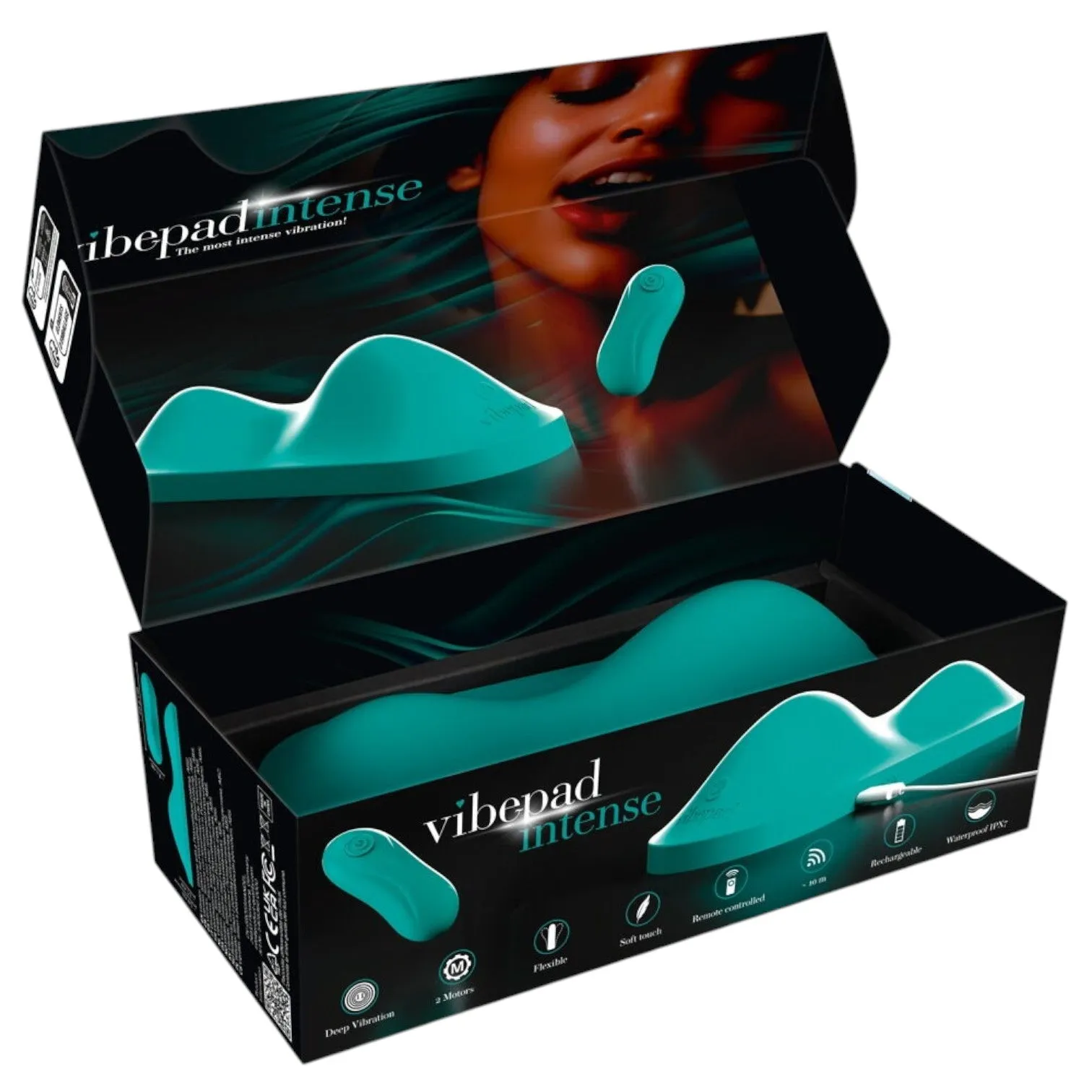 Pernă vibratoare VIBEPAD Intense. cu telecomandă. pentru stimulare clitoris. vulvă și zonă anală. 10 funcții de vibrație. turcoaz