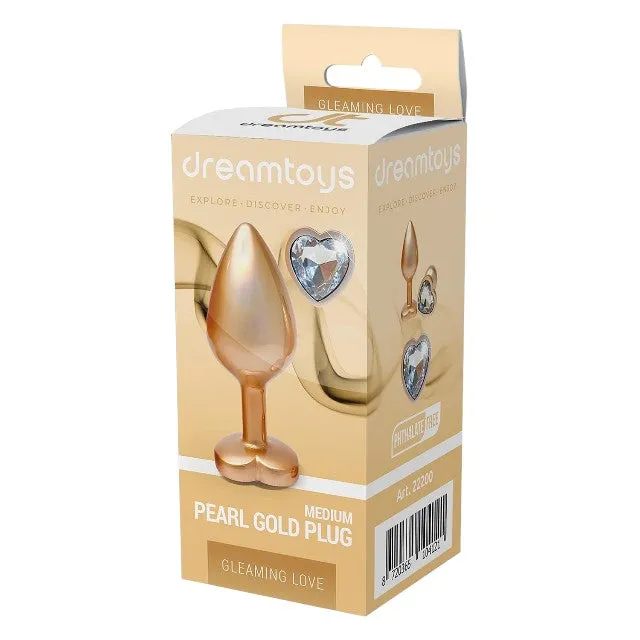 Plug anal DREAMTOYS Pearl Gold Plug. cu bază în formă de inimă. lungime 8.3 cm. diametru 3.4 cm. auriu. mărime M