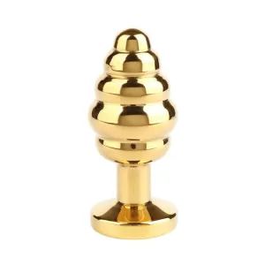 Plug anal MR. STEEL Twister Butt Plug Small. din oțel inoxidabil. cu striații și bază cu cristal. lungime 5.7 cm (mic). auriu