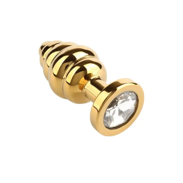 Plug anal MR. STEEL Twister Butt Plug Small. din oțel inoxidabil. cu striații și bază cu cristal. lungime 5.7 cm (mic). auriu