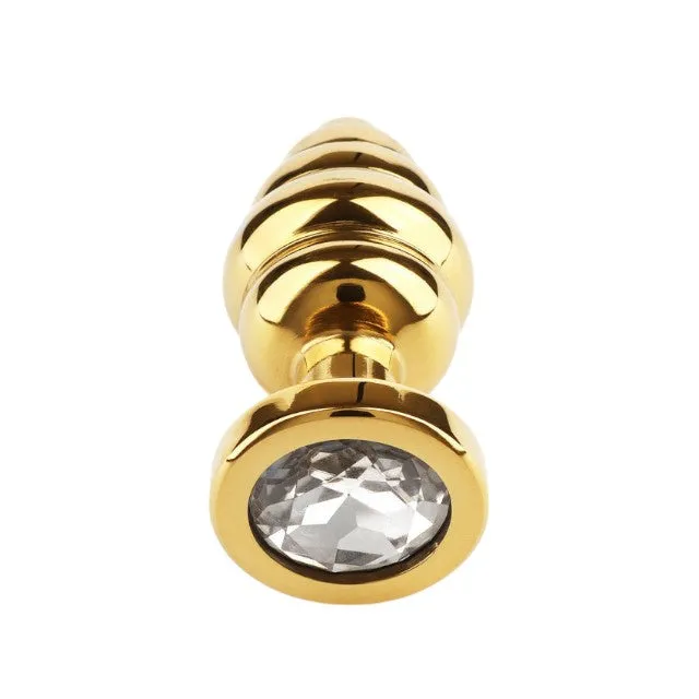 Plug anal MR. STEEL Twister Butt Plug Small. din oțel inoxidabil. cu striații și bază cu cristal. lungime 5.7 cm (mic). auriu