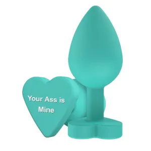 Plug anal TOYJOY Anal Play Booty Sweethearts. cu mesaj „Your Ass is Mine pe baza în formă de inimă. diametru 3.5 cm. verde