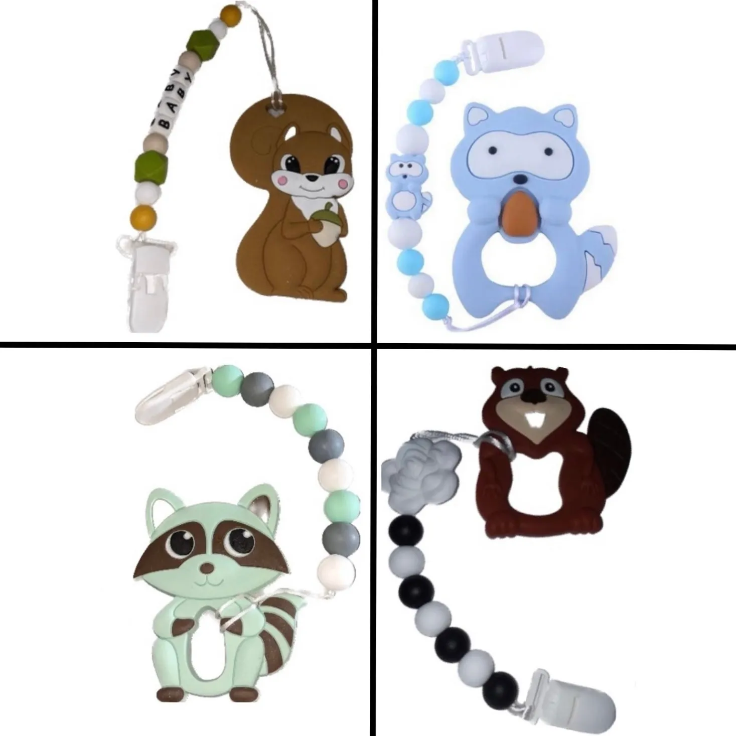 Raccoon Squirrel VARIETY Silicone Teether Chewing Toy Pacifier Clip