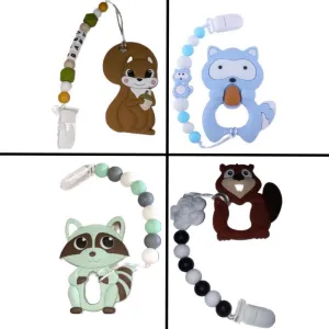 Raccoon Squirrel VARIETY Silicone Teether Chewing Toy Pacifier Clip