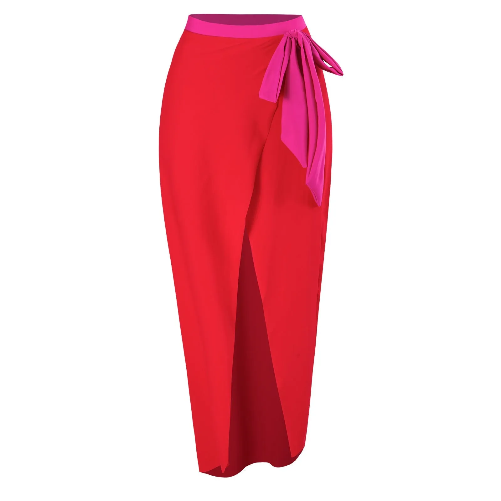 Red And Pink Tie Up Monokini With Middle Slit Skirt by Sinderella