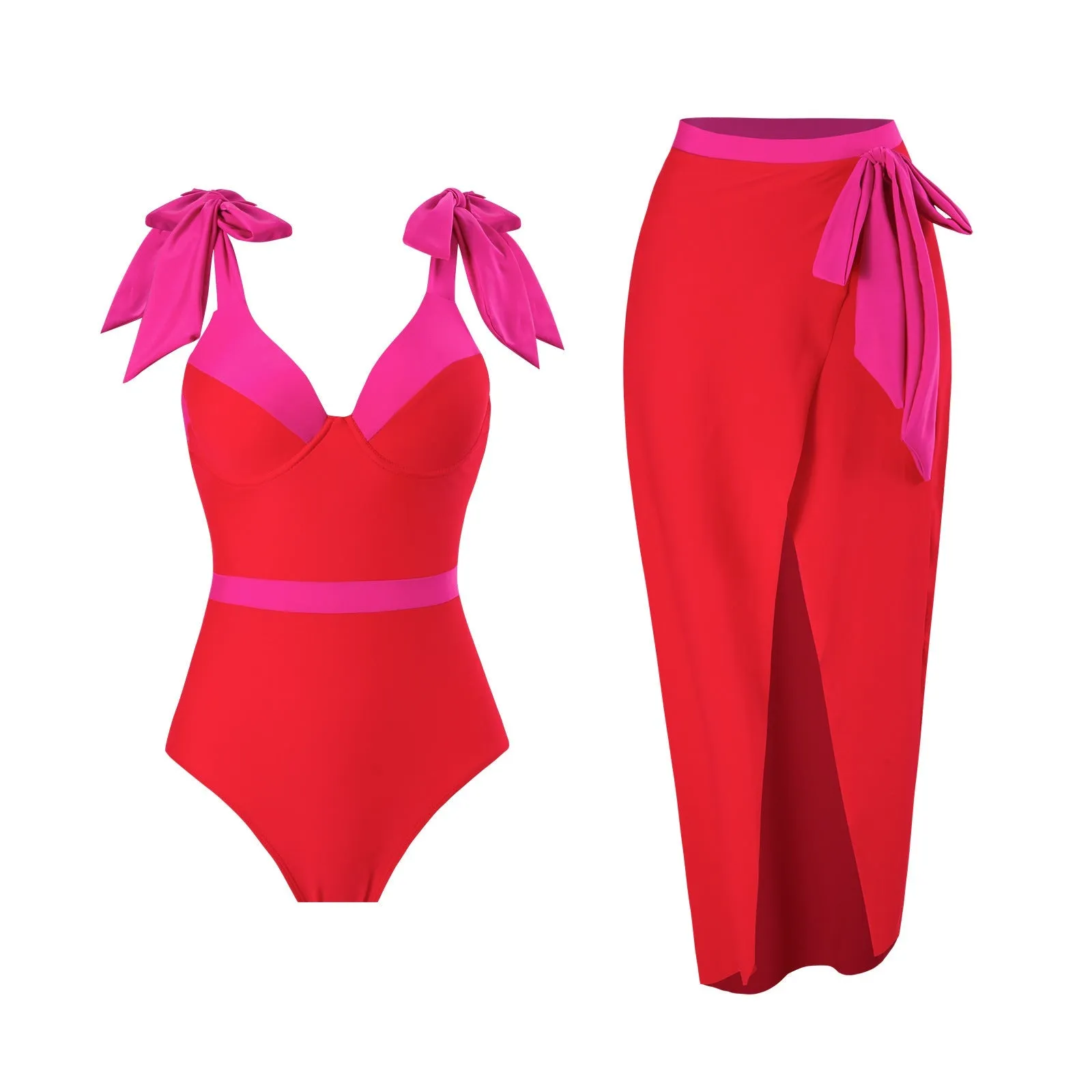 Red And Pink Tie Up Monokini With Middle Slit Skirt by Sinderella