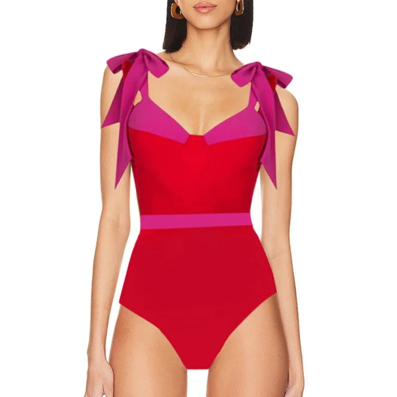 Red And Pink Tie Up Monokini With Middle Slit Skirt by Sinderella