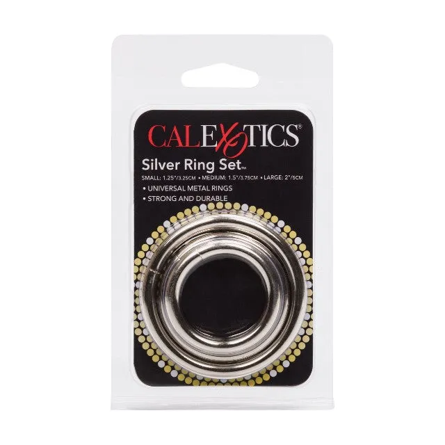 Set 3 inele pentru penis CALEXOTICS Silver Ring Set. din oțel placat cu argint. dimensiuni progresive. 3.25 - 5 cm