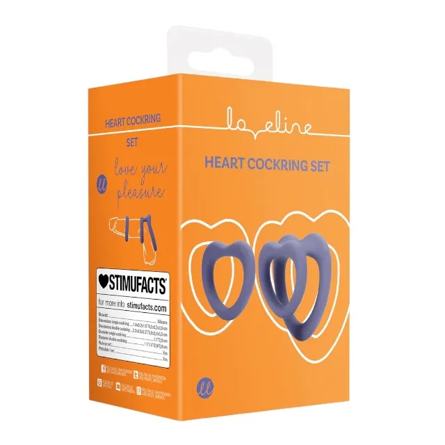 Set inele pentru penis LOVELINE Heart Cockring Set. 2 inele din silicon ultra-moale. în formă de inimă. diametre 2.9 - 3.9 cm. mov