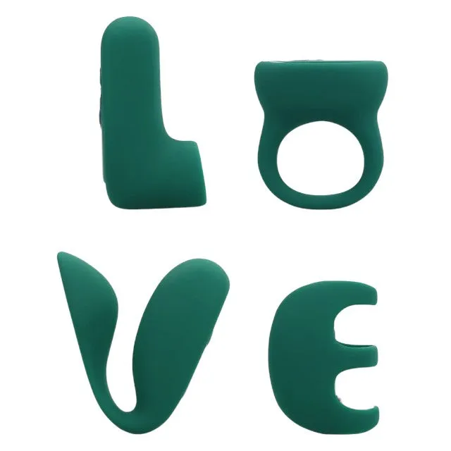 Set jucării erotice LOVELINE 'Love' (S)Explore Set. cu stimulator clitoris. vibrator de deget. vibrator pentru cupluri și inel de penis. verde