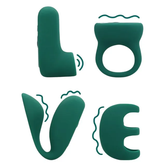 Set jucării erotice LOVELINE 'Love' (S)Explore Set. cu stimulator clitoris. vibrator de deget. vibrator pentru cupluri și inel de penis. verde