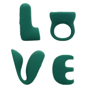 Set jucării erotice LOVELINE 'Love' (S)Explore Set. cu stimulator clitoris. vibrator de deget. vibrator pentru cupluri și inel de penis. verde