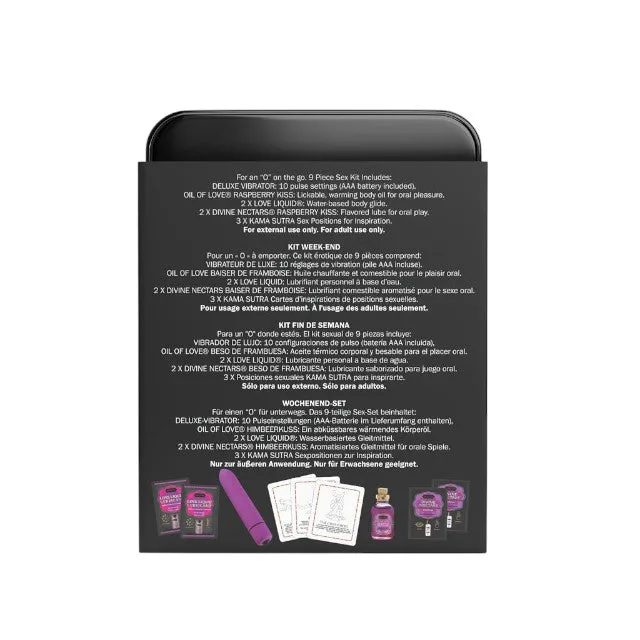 Set KAMASUTRA Weekender Kit Raspberry Kiss. cu vibrator bullet. ulei de masaj. cărți de joc cu poziții sexuale și lubrifiant (zmeură)