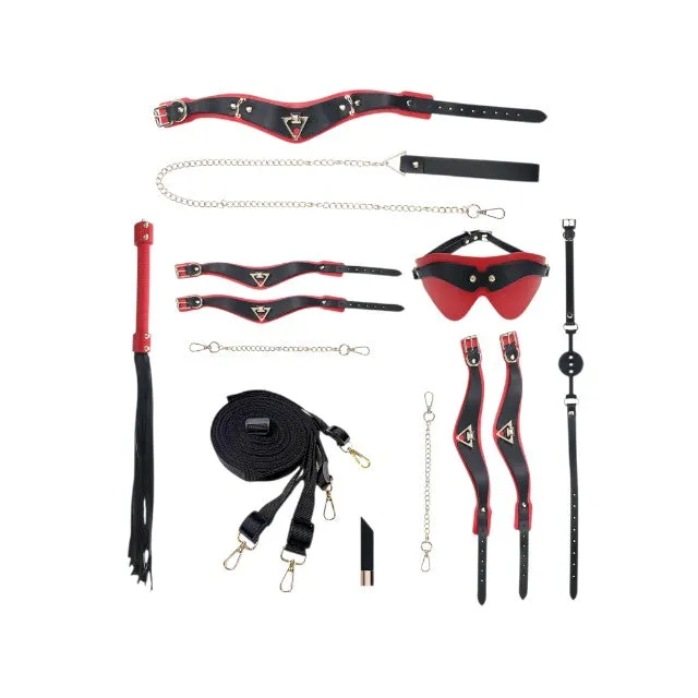 Set OUCH! Kit with Bag - Milan Collection. 9 produse pentru jocuri BDSM. cu cătușe. mască. lesă. căluș. bici și geantă. negru cu roșu